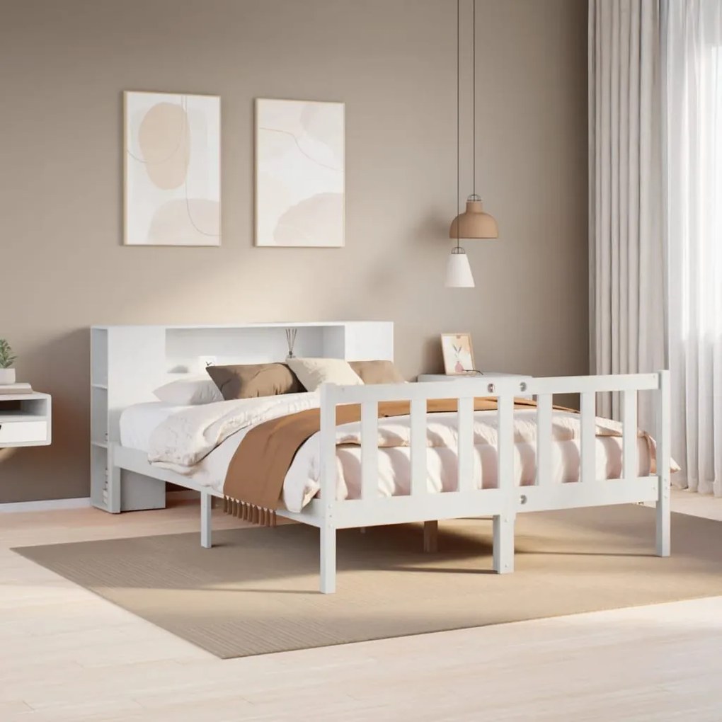 fehér tömör fenyőfa könyvespolcos ágy matrac nélkül 120x190 cm