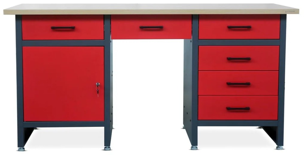 Fiókos műhelyasztal FRANK, 1700 x 850 x 600 mm, antracit-vörös