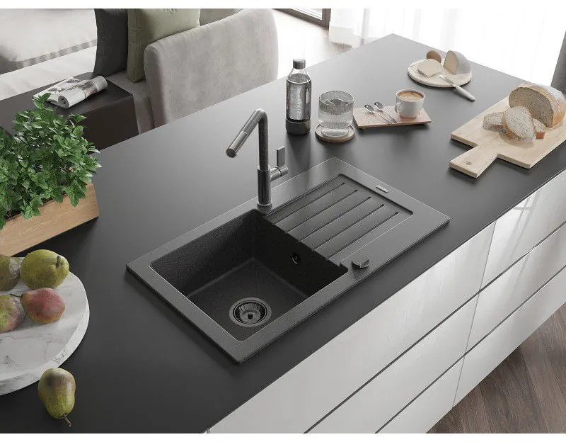 Mexen Pablo, 1 kamrás gránit mosogató 752x436x161 mm és Flora mosogató csaptelep, fekete foltos, 6510-76-670401-08-B