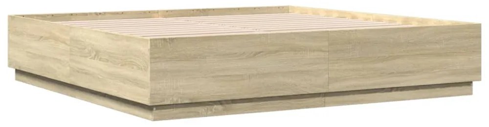 sonoma tölgy színű szerelt fa ágykeret LED-del 200 x 200 cm