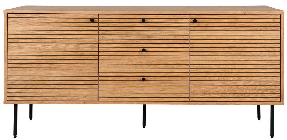 Kyoto komód 3 fiókkal, 2 ajtóval, tölgyfa furnér, natúr, fekete fém lábakkal, 150x40x74 cm