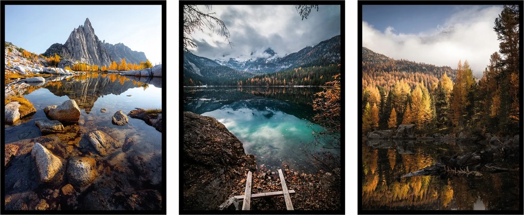 Hegyi táj tó erdő poszter 3db 50x70cm triptichon fa panoráma