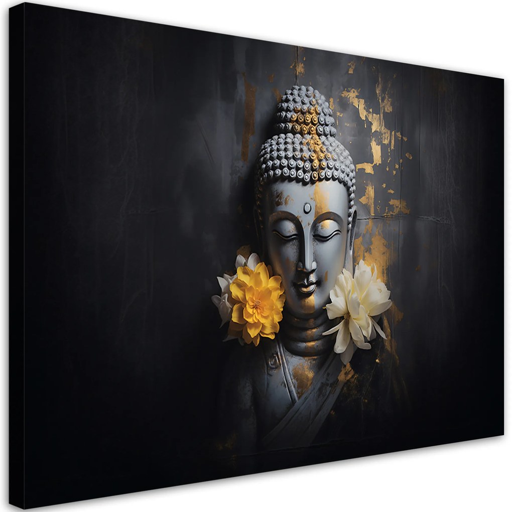 Gario Obraz na plátně Šedý Budha a květiny Méret: 120 x 80 cm