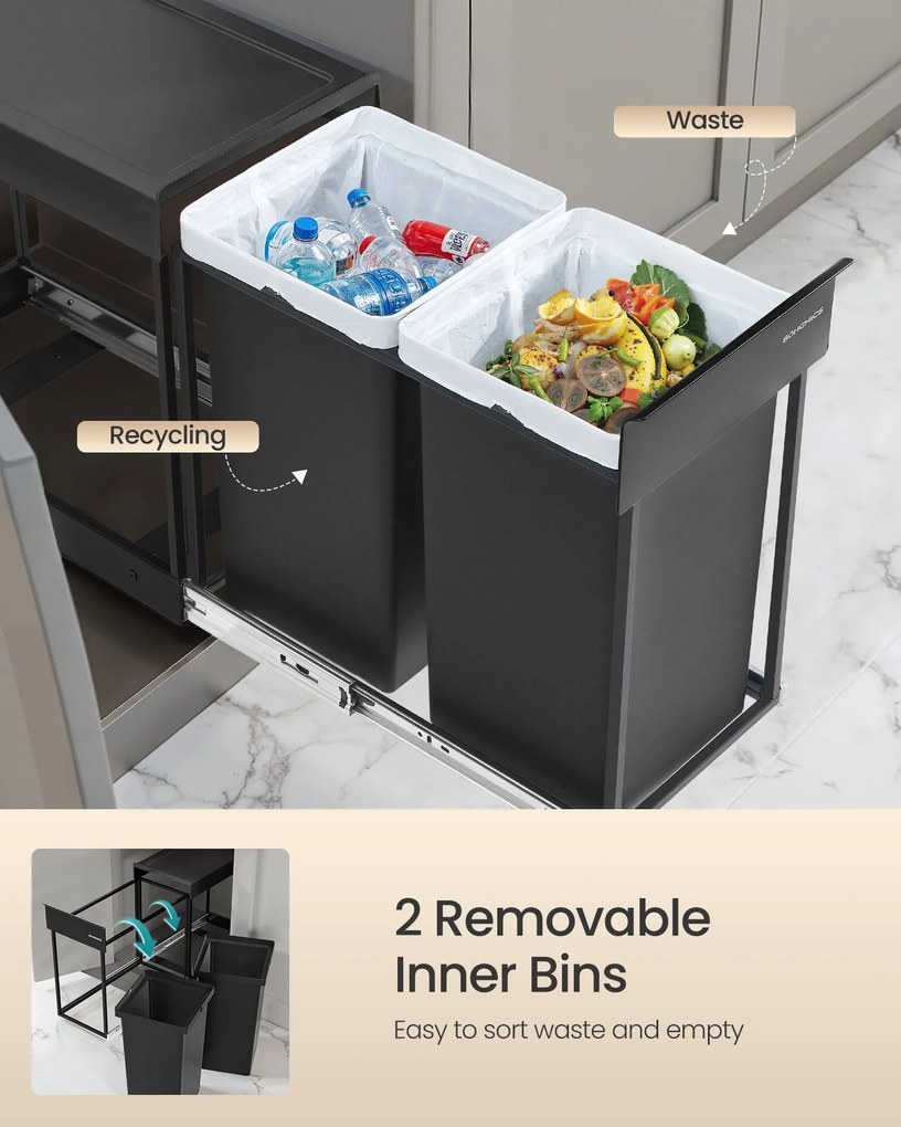 Beépíthető konyhai szemetes szelektív hulladékgyűjtéshez, 2 x 15 L dupla rekeszes, fekete
