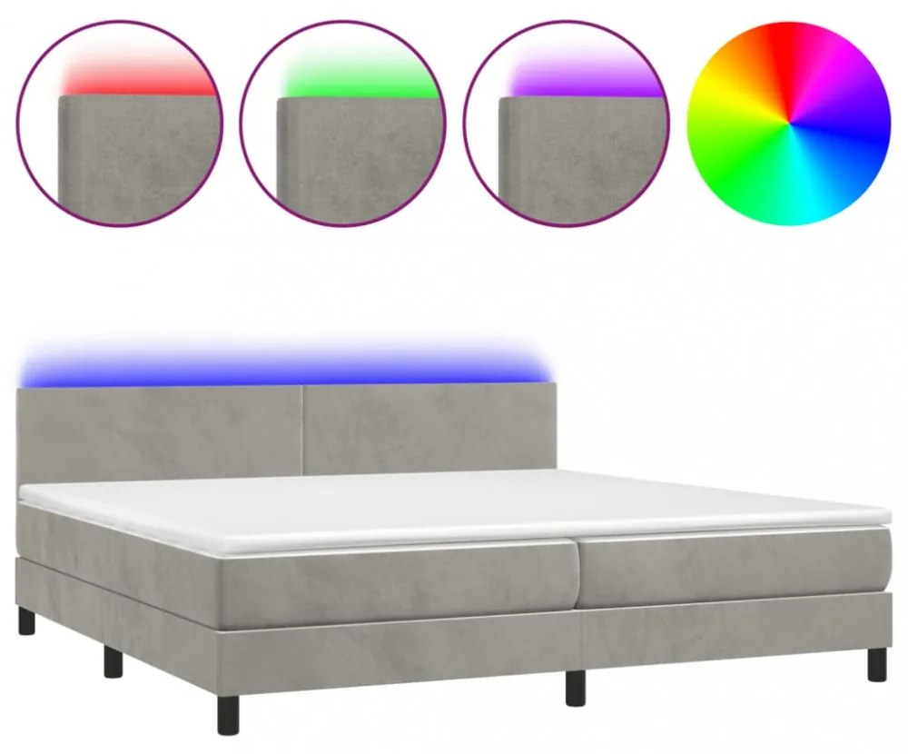 világosszürke bársony rugós és LED-es ágy matraccal 200x200 cm
