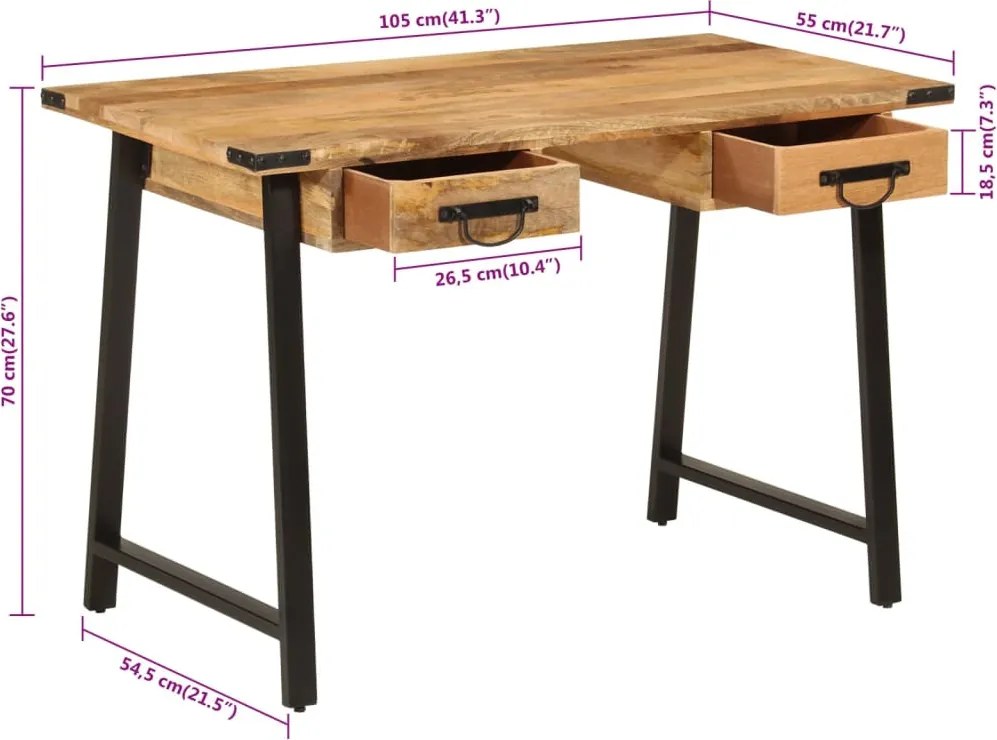 vidaXL tömör mangófa és vas íróasztal fiókokkal 105 x 55 x 70 cm