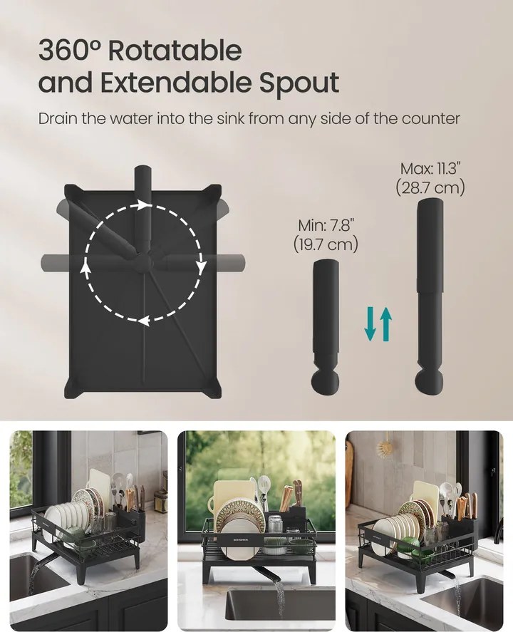 Edényszárító állvány, 360°-ban forgatható és kihúzható lefolyóval, fekete