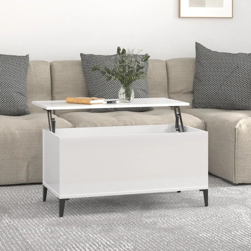 Magasfényű fehér szerelt fa dohányzóasztal 90x44,5x45 cm
