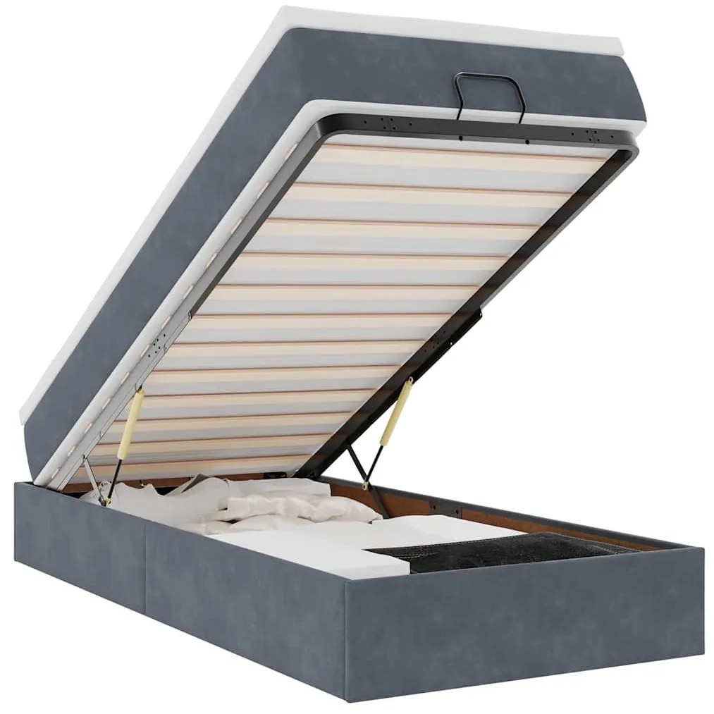 Ottomán ágykeret matraccal sötétszürke 90x190cm bársony