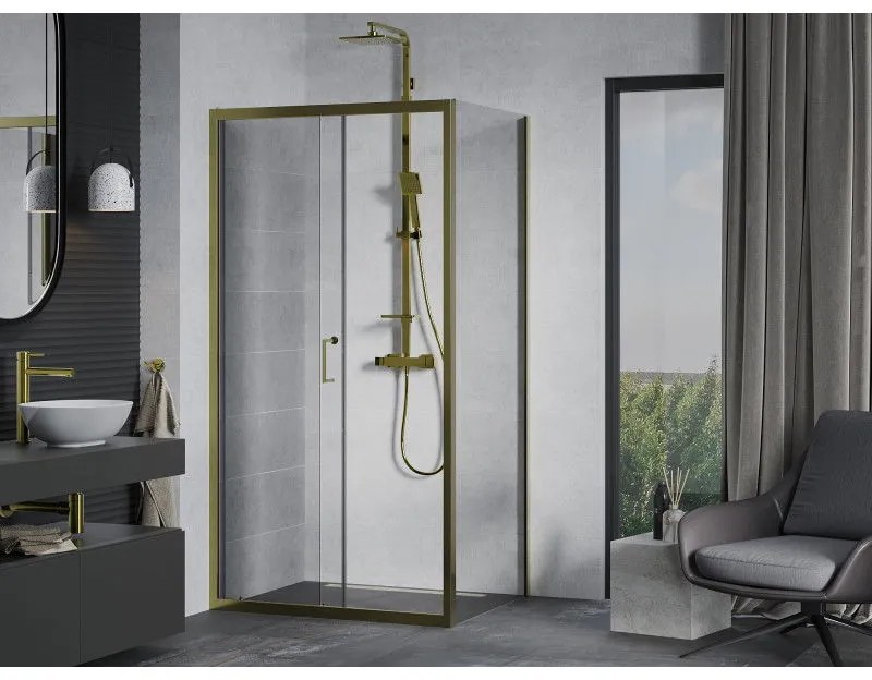 Mexen Apia zuhanykabin tolóajtóval 125 (ajtó) x 100 (fal) cm, 5mm átlátszó üveg, arany profil, 840-125-100-50-00