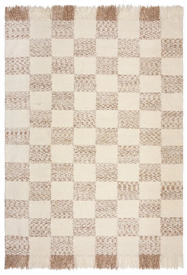Krémszínű-natúr színű kézi szövésű gyapjúkeverék szőnyeg 160x230 cm Eric Checkboard – Flair Rugs