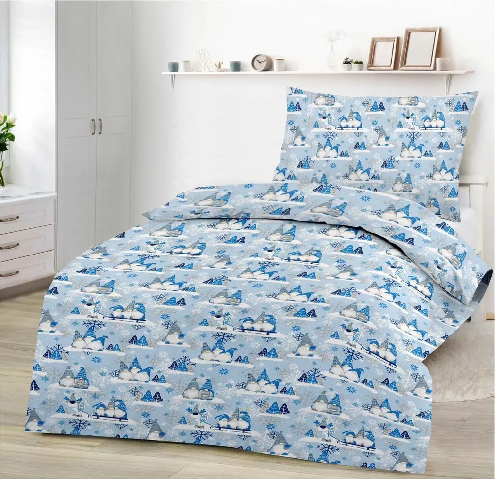 Karácsonyi manók kék pamut ágyneműhuzat TiaHome - 1x Párna 90x70cm, 1x Paplan 140x200cm