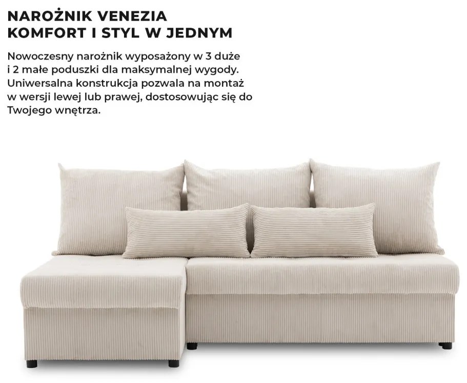 Venezia sarokkanapé, kordbársony, univerzális oldal, bonell töltet, bézs