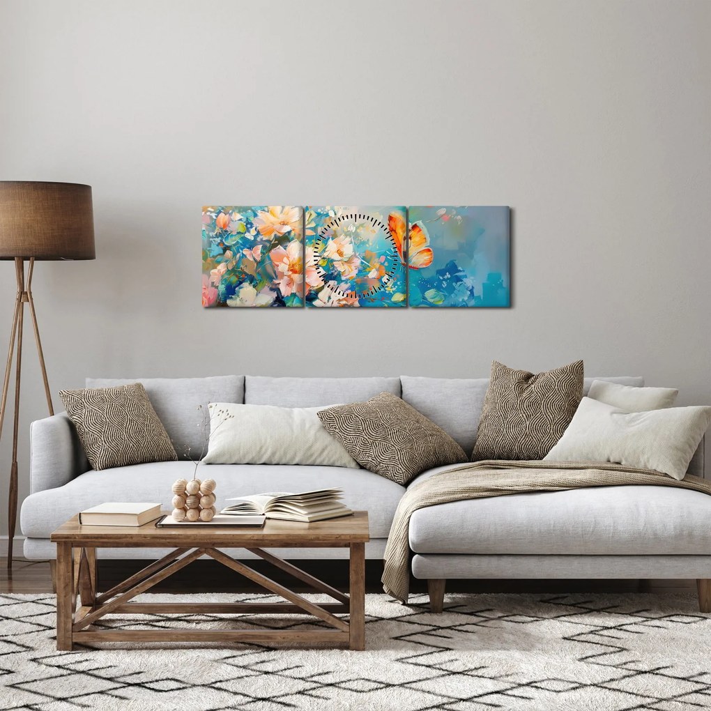 Kép - Pillangó és virágok, olajfestmény II. (órával) (90x30 cm)