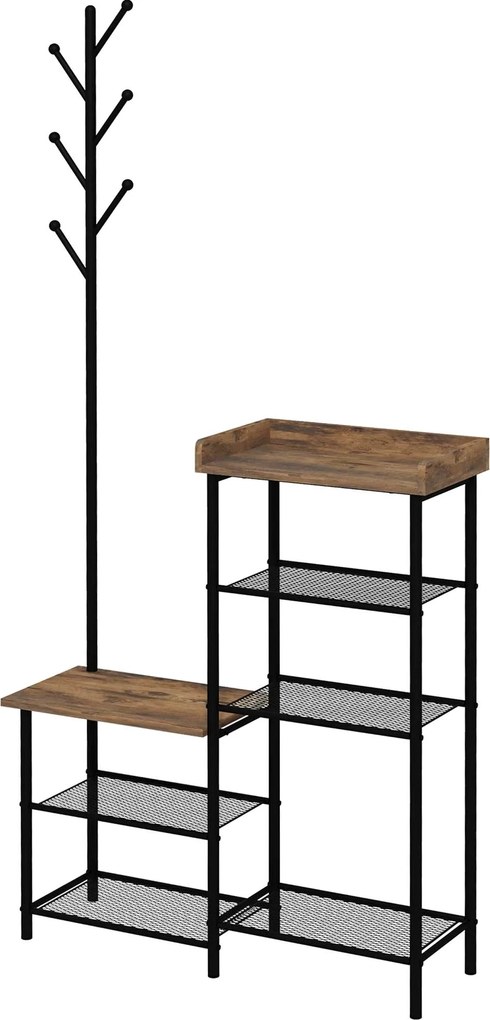 HOMCOM Kabát Akasztó Cipős Rack 5 Polccal, 6 Akasztóval a Táskák és Ruhák Felfüggesztéséhez, Ipari Stílus, 92.5x28.2x182 cm, Rustikus Barna | Aosom