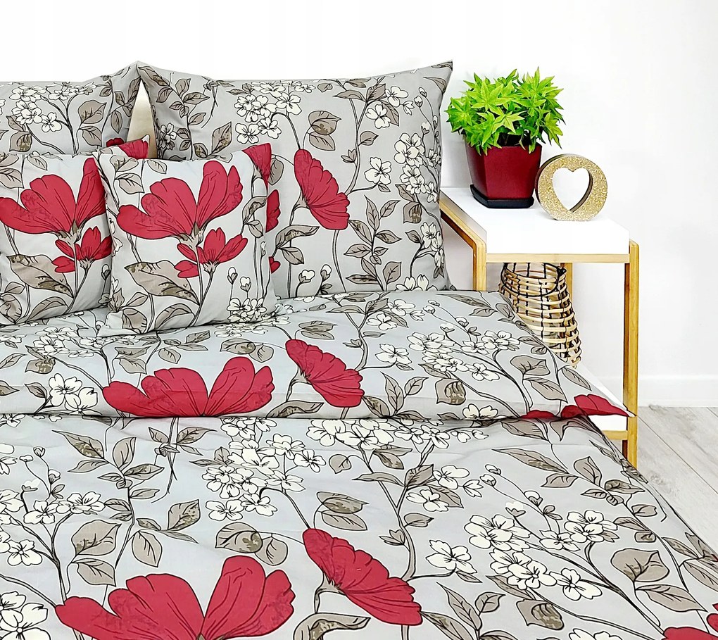 Párnahuzat 100% pamut Prémium piros virágok szürke elegáns 50x70