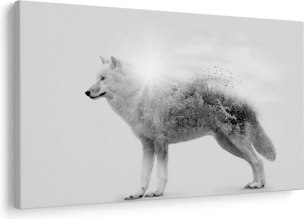 Kép - Vad tájat tükröző sarkvidéki farkas, fekete-fehér (90x60 cm)