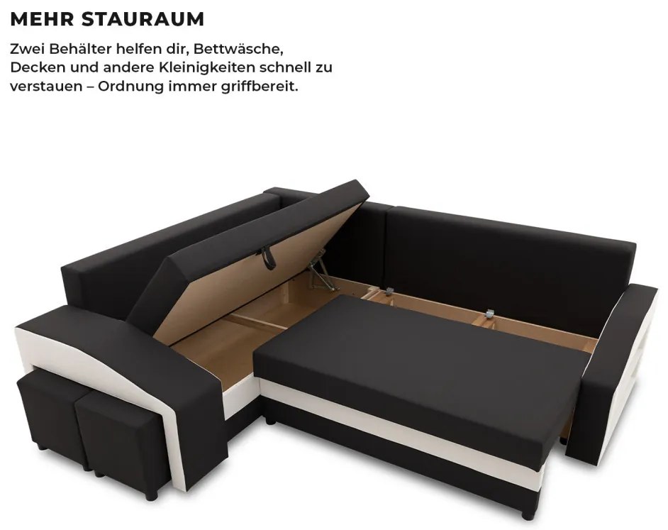 Grande sarokkanapé polcokkal és puffokkal , polc a jobb karfaban puffok a bal karfaban, baloldali, szövet anyag, bonell töltet, fekete - fehér