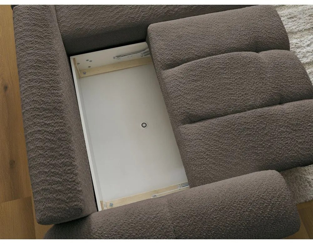 Barna buklé kinyitható-tárolóhelyes sarokkanapé (jobb oldali-heverő résszel) Roxelane – Bobochic Paris