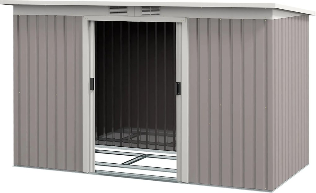 Outsunny Kültéri Kertiház 3,2 m² 280x130x172 cm Csúszóajtós Kertiház Dőlt Tetővel Megerősített Alap (Padló külön kapható) és 2 Ablakkal Világosszürke