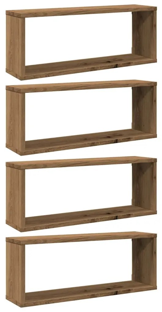 4 db kézműves tölgy színű szerelt fa fali kockapolc 60x15x23 cm