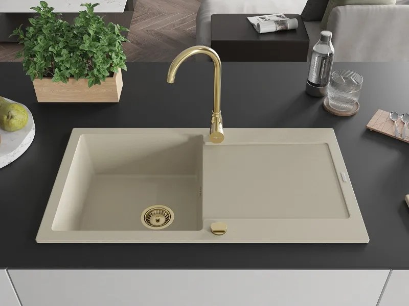 Mexen Leo gránit mosogató egykamrás csepegtetővel 900 x 500 mm, bézs, arany szifon - 6501901010-69-G