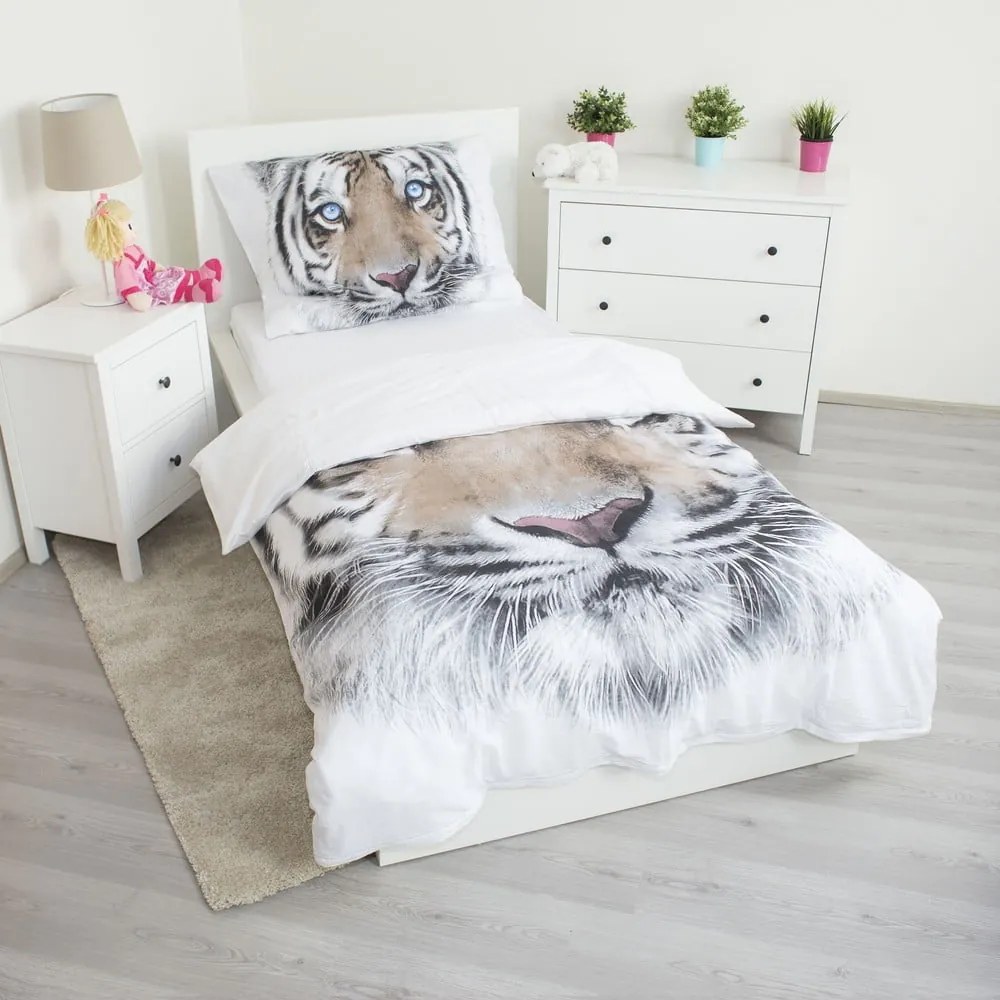 Fehér-szürke egyszemélyes pamut gyerek ágyneműhuzat 140x200 cm White Tiger – Jerry Fabrics