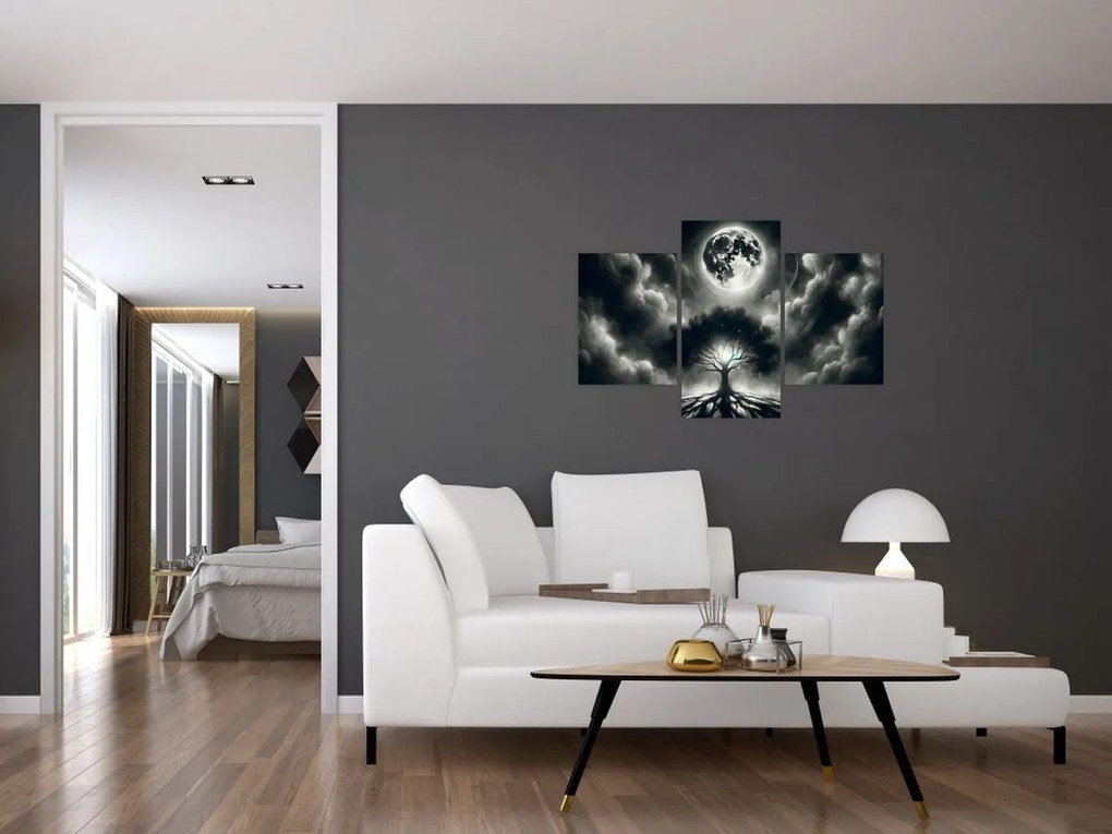Kép – Fekete-fehér fa teliholdban (90x60 cm)