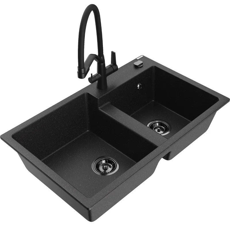 Mexen Tomas gránit mosogató 2 medencés konyhai csapteleppel Duo, fekete/ezüst metál - 6516-73-671701-70-B