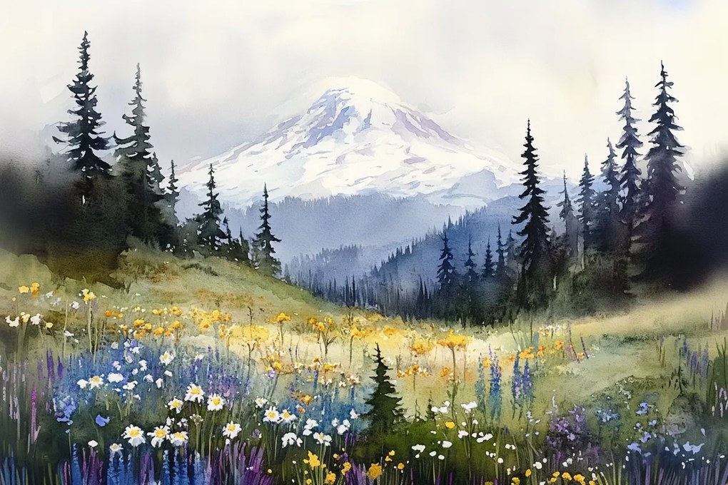 Fotótapéta Flizelina Tájkép Hegyek Erdő Rét Csarnok Virágok Tavasz 416x254 ragasztó