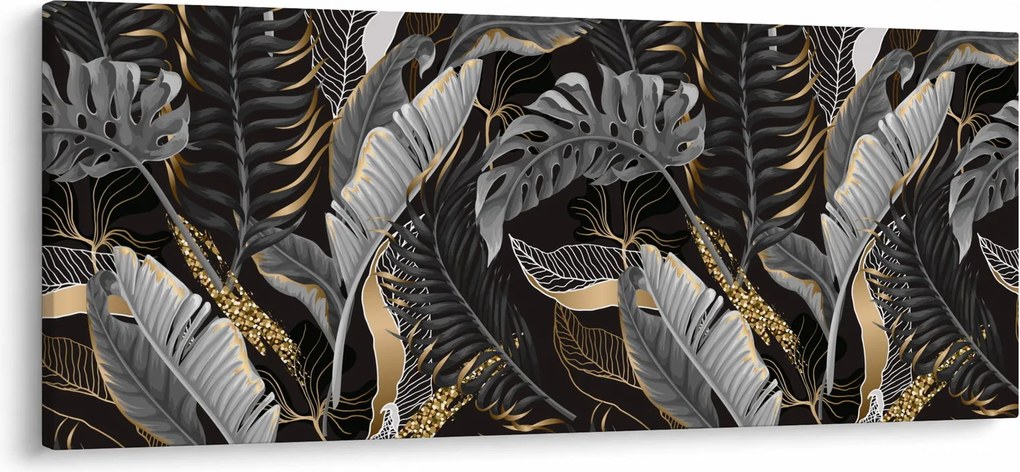 Kép - Trópusi levelek fekete és arany színben (120x50 cm)