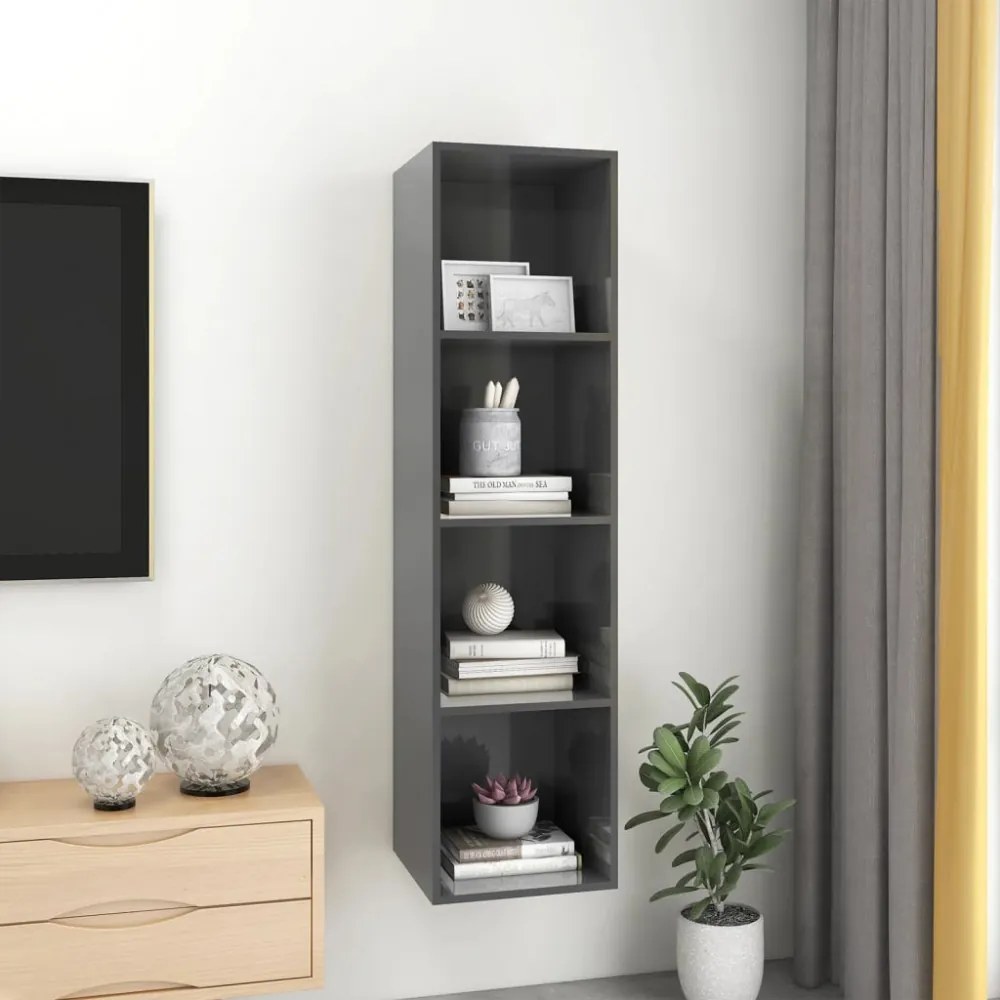 magasfényű szürke szerelt fa fali TV-szekrény 37x37x142,5 cm