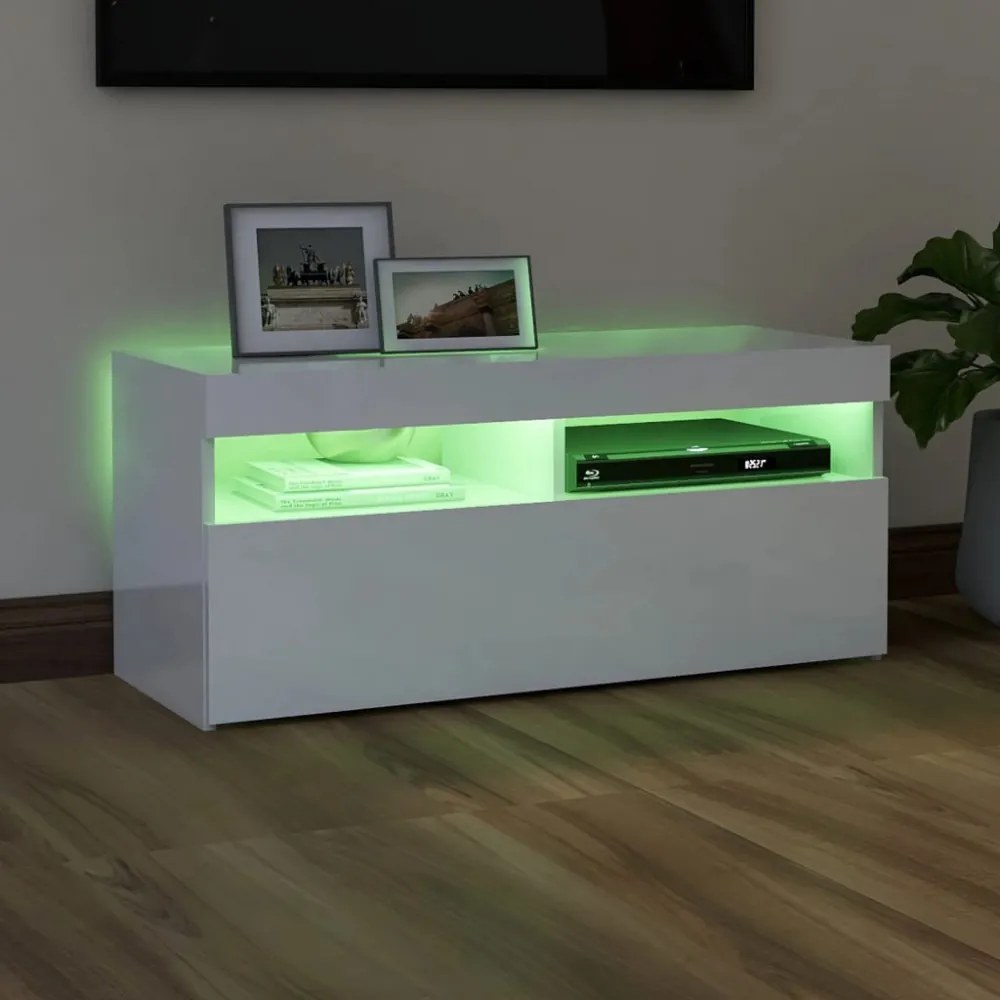 magasfényű fehér TV-szekrény LED lámpákkal 90x35x40 cm