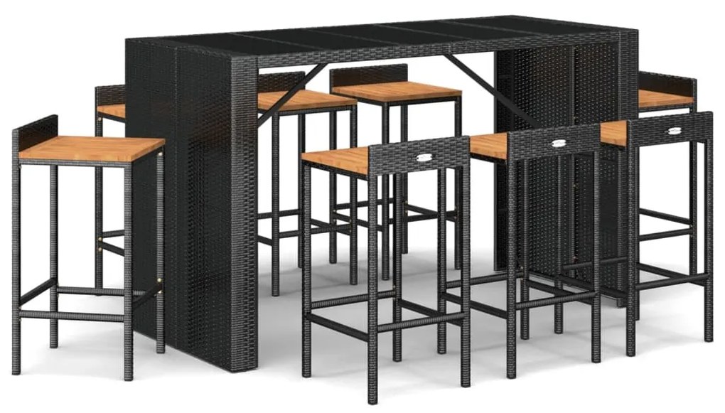 9 részes fekete polyrattan és tömör akácfa kerti bárszett