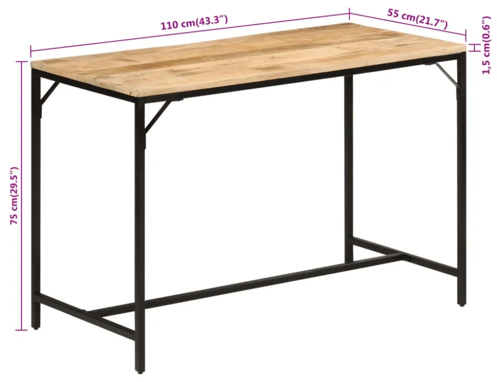 tömör nyers mangófa és vas étkezőasztal 110 x 55 x 75 cm