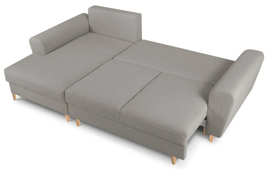 Világosszürke buklé kinyitható tárolóhelyes sarokkanapé (bal oldali-heverő résszel) Kyoto – Cosmopolitan Design