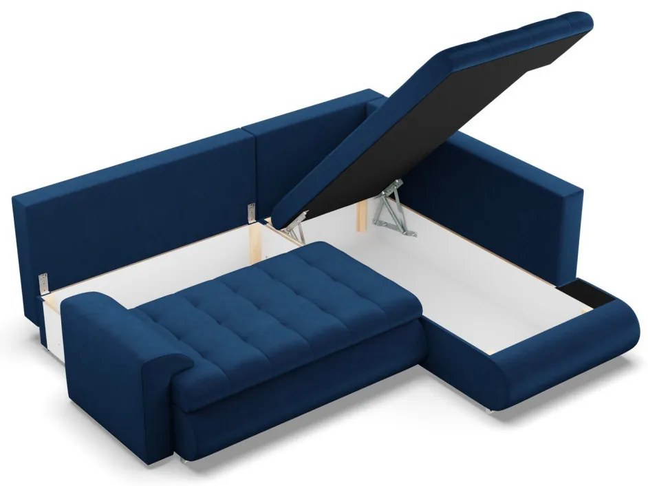 Tokio sarokkanapé, L alakú háttámlával, 2 ágyneműtartóval, bársony, jobboldali, kék