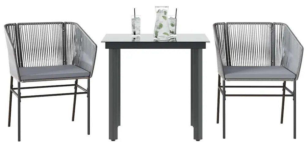 vidaXL 3 részes szürke polyrattan üveg kerti étkezőgarnitúra párnával