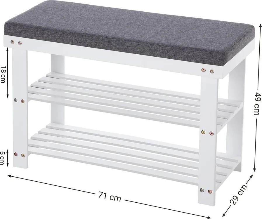 Bambusz cipőpad,2 polcos cipőtároló pad, fehér és szürke 71 x 29 x 49 cm