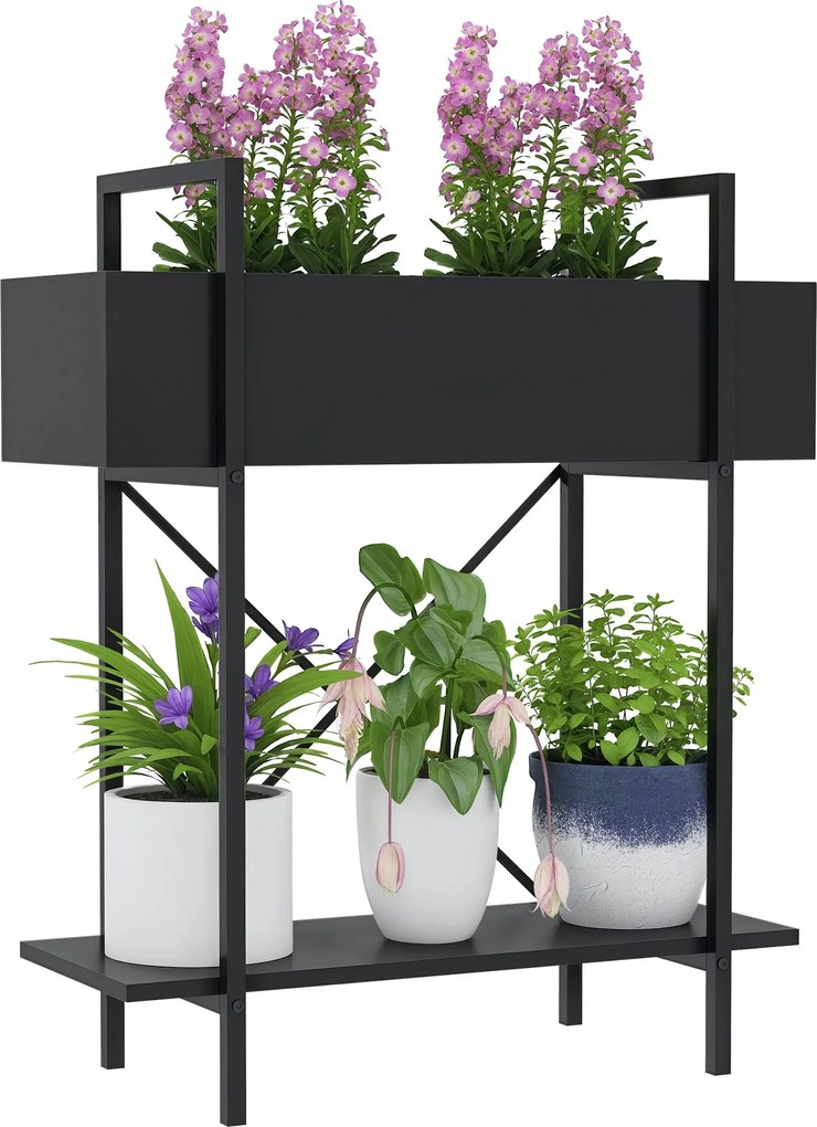Outsunny Két Szintes Virágtartó, Virágos Polc Belső és Külső Használatra, Fém Virágláda, Többszintes Virágos Állvány, 70 cm Magas Virágtartó Nappaliho