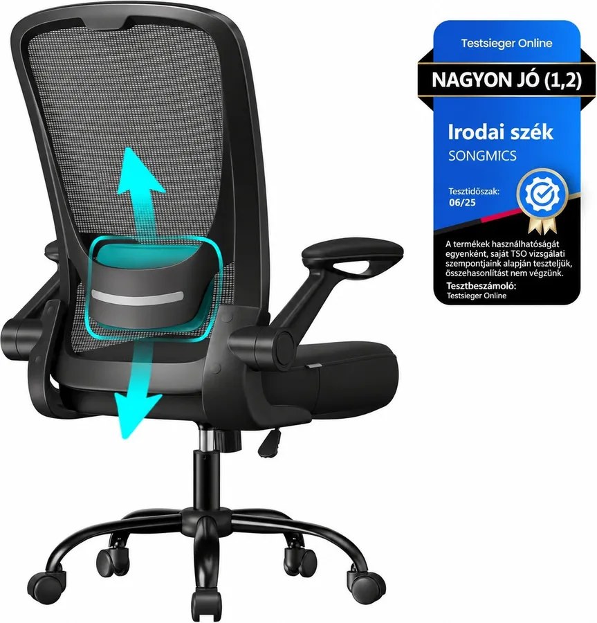 Irodai szék összecsukható karfákkal, ergonomikus számítógépes szék, fekete