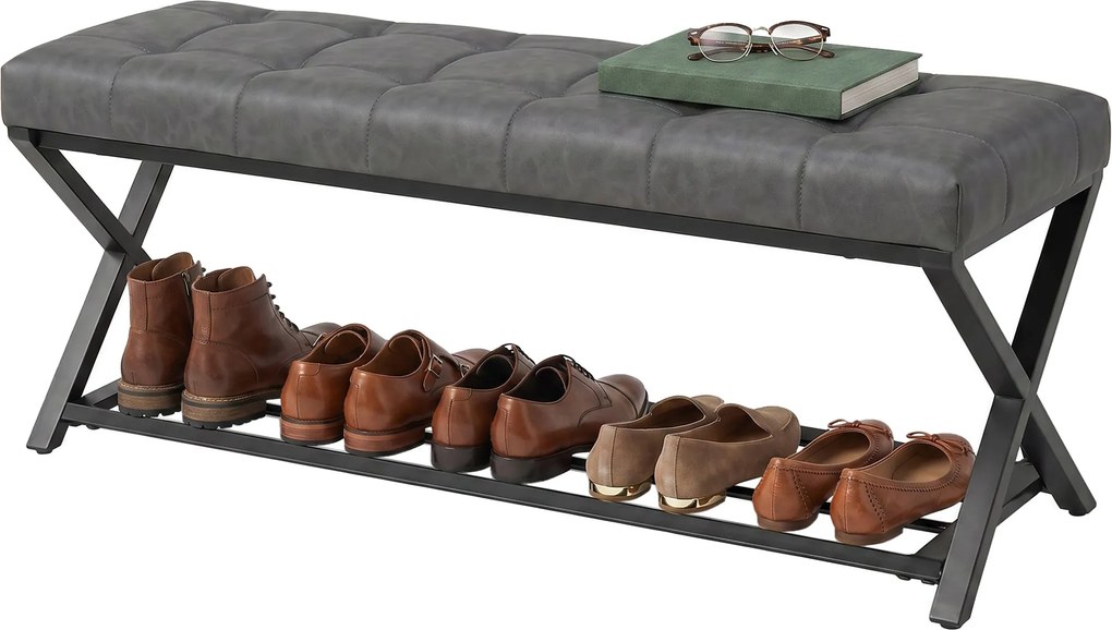 HOMCOM párnázott cipőpad tárolóval – ipari X-váz, PU műbőr, 220 kg teherbírás, 112 x 37 x 47 cm, sötétszürke | Aosom