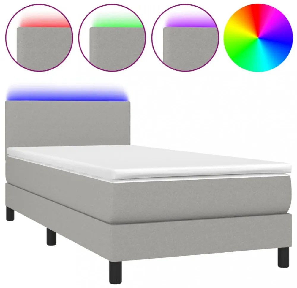 világosszürke szövet rugós és LED-es ágy matraccal 90x190 cm