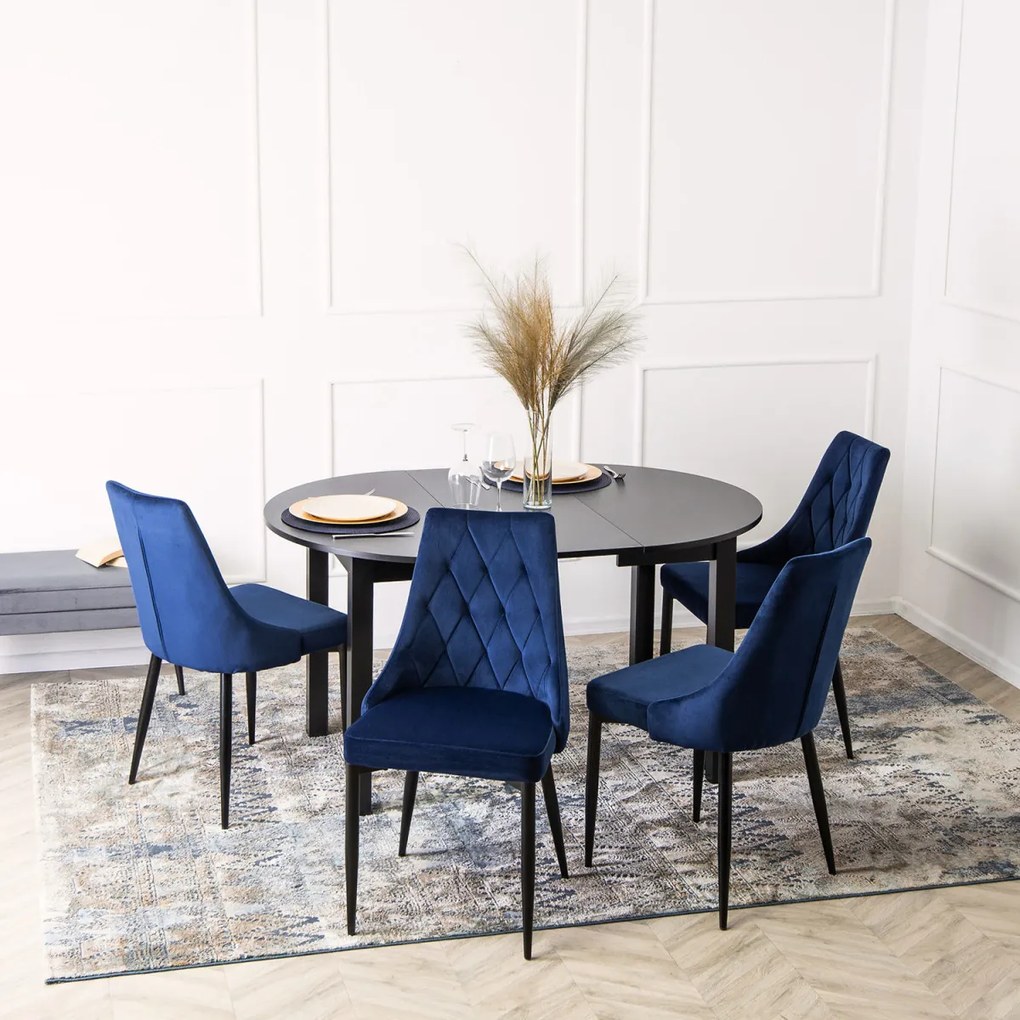 Étkezőgarnitúra 4 db. Sötétkék CORK bársony székkel. Asztal HARRY 102-142 cm