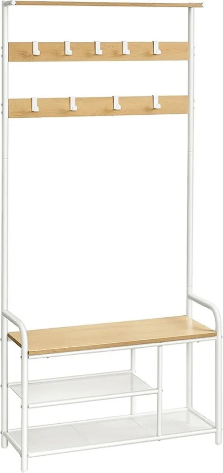 Előszoba fogas polccal, akasztókkal, cipőtartóval és ülőkével, tölgy és fehér 85x30x180cm