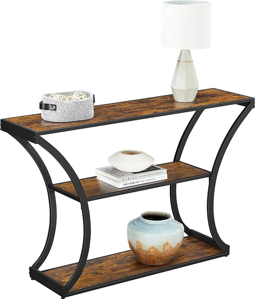 Konzolasztal ívelt lábakkal és 2 nyitott polccal, rusztikus barna-fekete