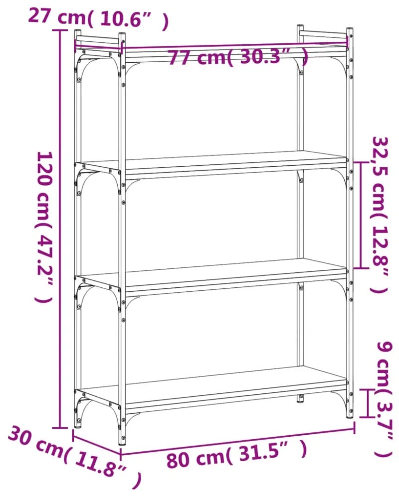 4 szintes barna tölgy színű szerelt fa könyvespolc 80x30x120 cm