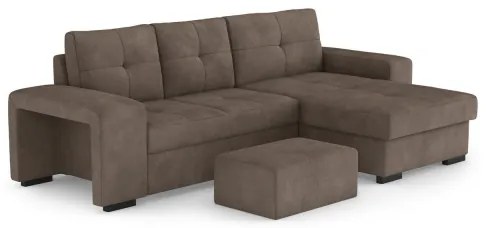 PALERMO barna jobb oldali kihúzható kanapé tárolóval és puffal