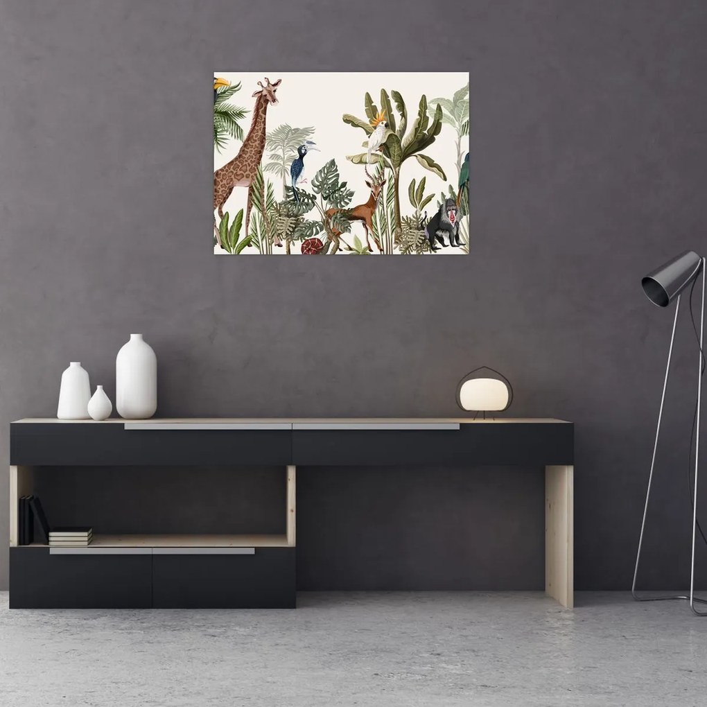 Üveg kép - Állatokkal teli dzsungel (70x50 cm)