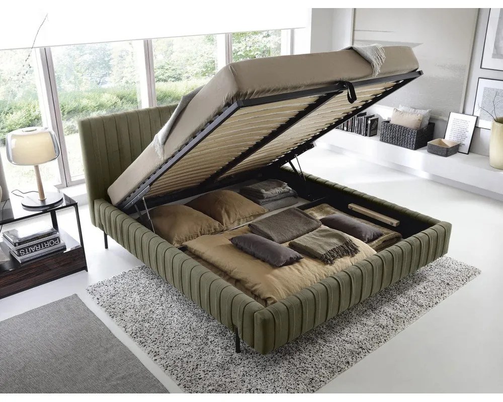 Zöld kárpitozott ágyneműtartós franciaágy ágyráccsal 160x200 cm Plissa – ELTAP